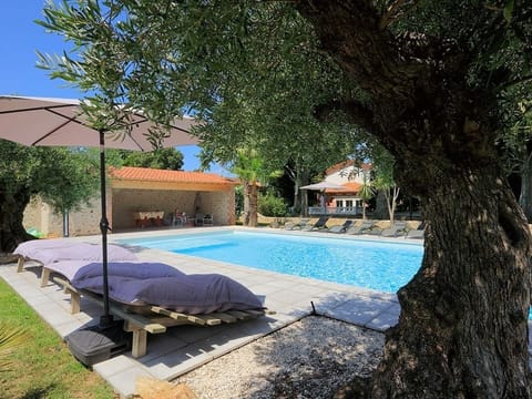 Outdoor pool, a heated pool, sun loungers