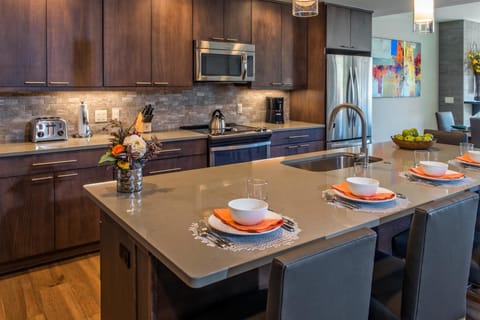 Microwave, stovetop, toaster, cleaning supplies