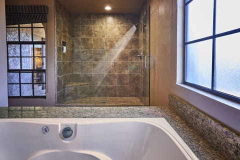 Designer toiletries, hair dryer, bathrobes, towels