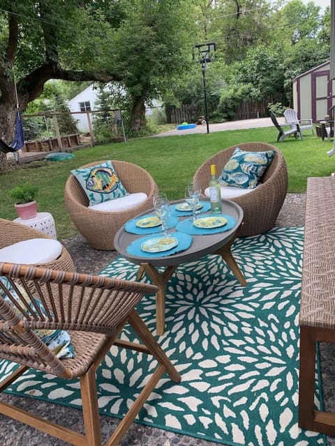 Backyard Conversation Table and Chairs. Lots of Shade back here from our Giant Boxelder Trees!