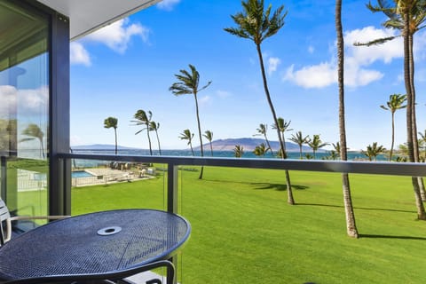 Oceanfront property featuring palm-lined grounds with sweeping views across the water to distant mountains, just steps from the shoreline.