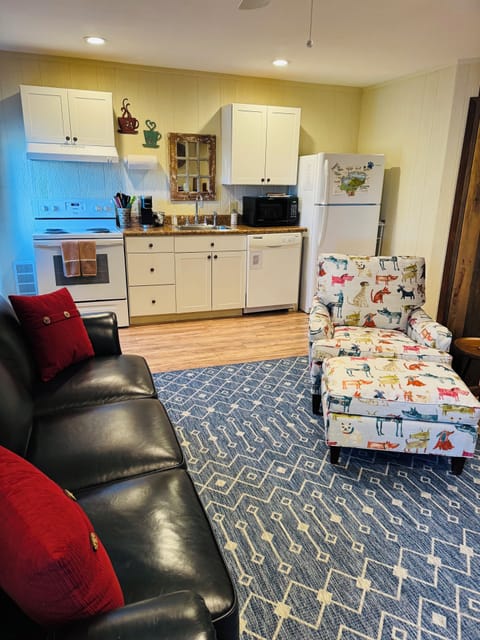 Queen leather sleeper sofa with Sealy Royale mattress, easy chair, full kitchen