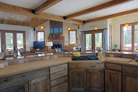 Looking into the open area from the large kitchen.