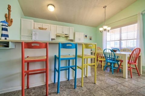 Brightly colored, well equipped kitchen 