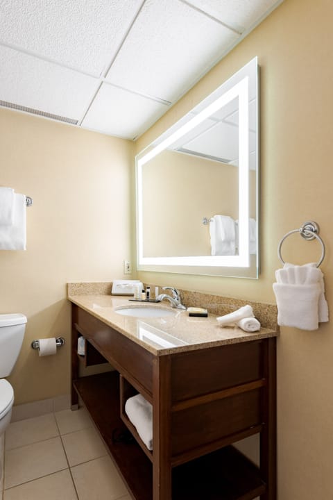 Combined shower/tub, free toiletries, hair dryer, towels