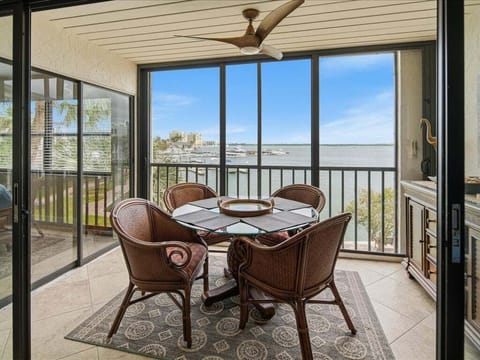 back screened in patio with waterview