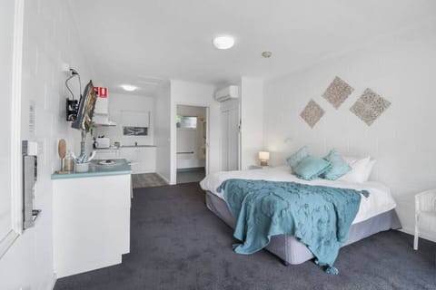 Bright studio-style apartment in Geelong CBD with comfortable bed, kitchenette and modern coastal styling.