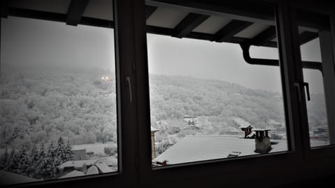 Attic, view of the snowy Collina D'Oro (Golden Hill)