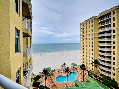 Panoramic 10th floor view of the pool and the Gulf of Mexico