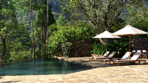 Outdoor pool, pool umbrellas, sun loungers
