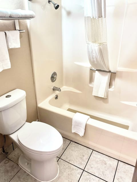 Separate tub and shower, rainfall showerhead, hair dryer, towels