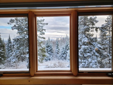 Upstairs bedroom faces east for pretty sunrise views over trees & Lake Superior.