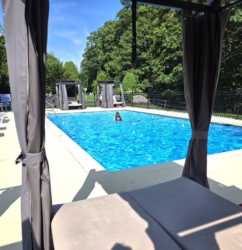 Seasonal outdoor pool, sun loungers
