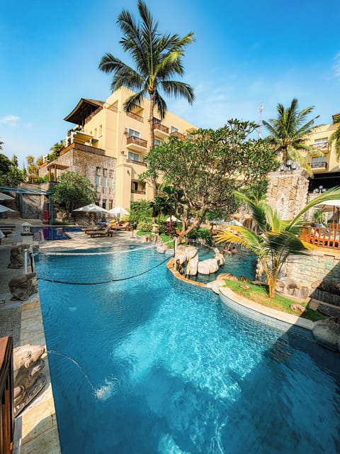 Outdoor pool, open 8 AM to 9:00 PM, pool umbrellas, sun loungers