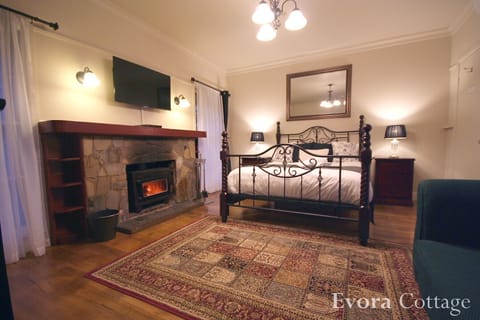 Queen-sized bed and wood fireplace.