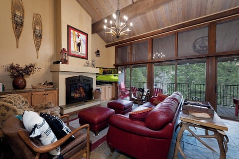 Main Living Space  - TV, Wood Burning Fireplace and Deck