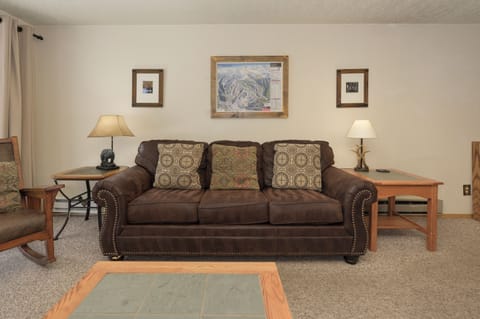 Sink into your comfortable leather sofa while enjoying mountain artwork and warm lighting in this cozy living space.
