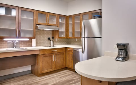 Desk, laptop workspace, blackout drapes, iron/ironing board