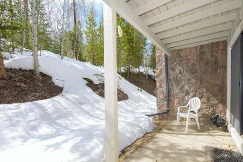 Your private patio offers peaceful moments surrounded by snow-covered forest, with cozy seating.