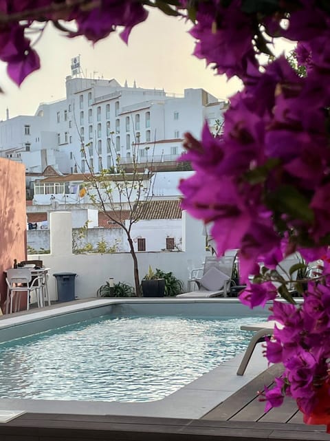 Outdoor pool, pool umbrellas, sun loungers