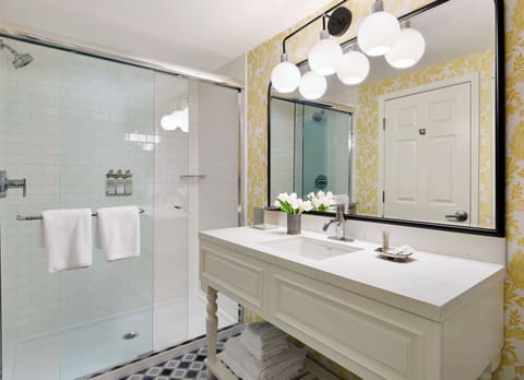 Combined shower/tub, free toiletries, hair dryer, towels