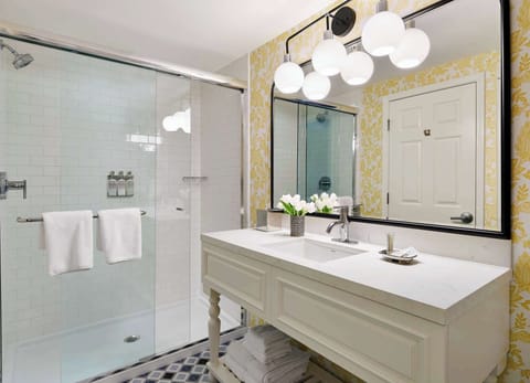 Combined shower/tub, free toiletries, hair dryer, towels