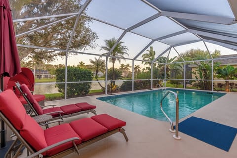 Evening by the pool overlooking the lake. Perfect for dining, swimming, relaxing