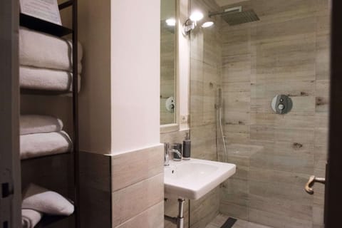 Shower, free toiletries, hair dryer, towels