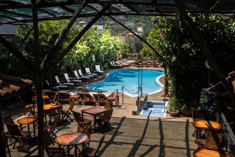Seasonal outdoor pool, pool umbrellas, sun loungers