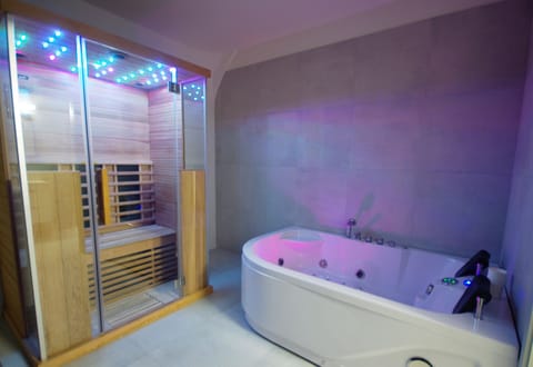 DBL room with private wellness | Bathroom | Shower, hair dryer, towels
