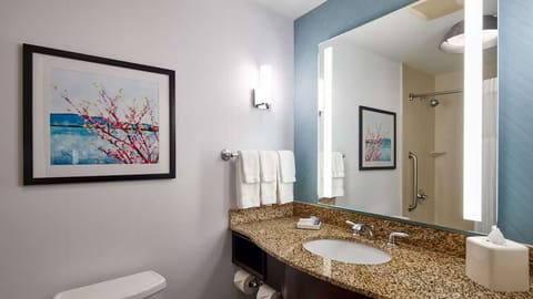 Combined shower/tub, eco-friendly toiletries, hair dryer, towels