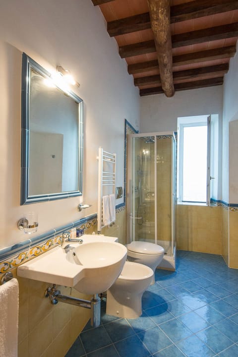 Shower, rainfall showerhead, free toiletries, hair dryer