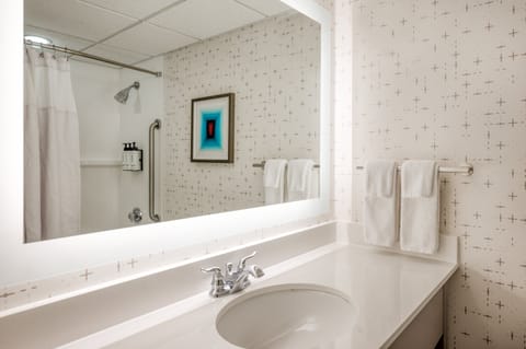 Combined shower/tub, free toiletries, hair dryer, towels