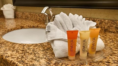 Combined shower/tub, free toiletries, hair dryer, towels