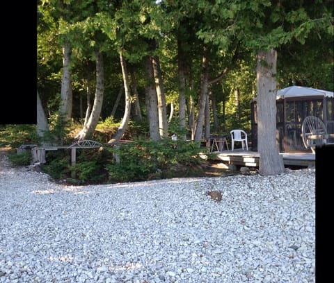 Beach with gazebo and train