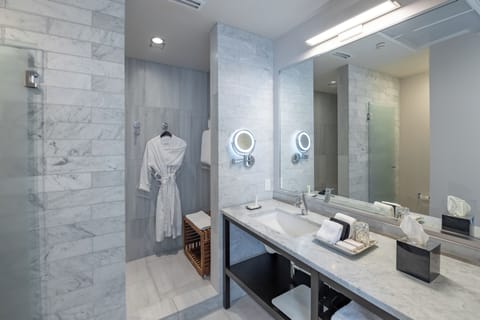 Shower, designer toiletries, hair dryer, bathrobes