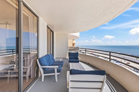 Large ocean front balcony with comfortable seating