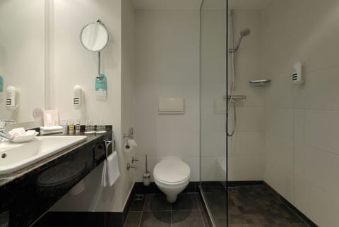 Combined shower/tub, eco-friendly toiletries, hair dryer, bathrobes