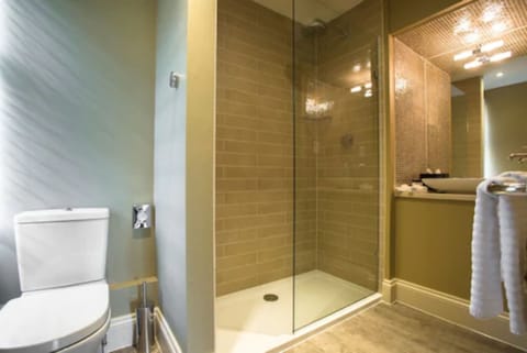 Combined shower/tub, free toiletries, hair dryer, bathrobes