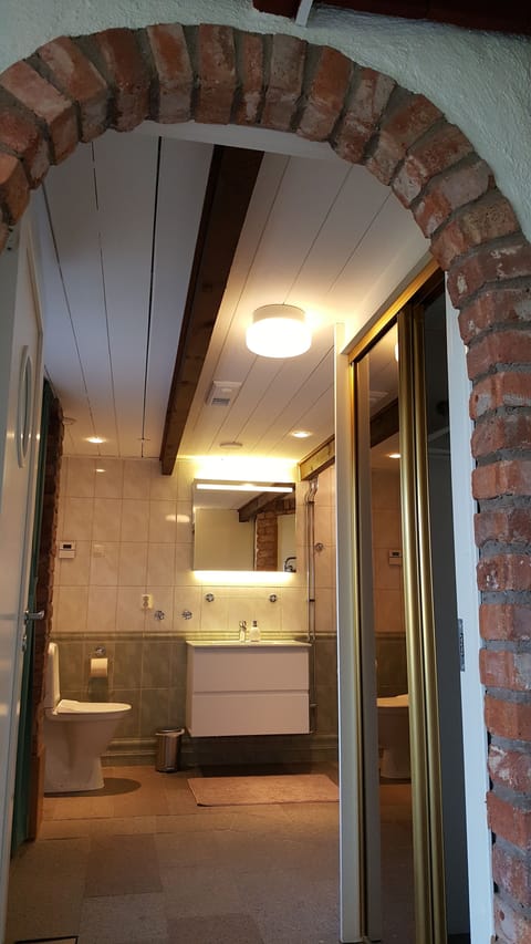 Shower, rainfall showerhead, free toiletries, hair dryer