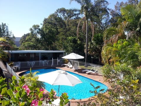 Outdoor pool, pool umbrellas, sun loungers