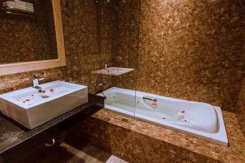 Combined shower/tub, deep soaking tub, free toiletries, hair dryer