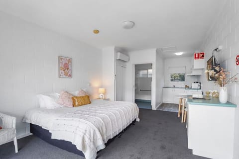 Bright studio-style apartment in Geelong CBD with comfortable bed, kitchenette and modern coastal styling.