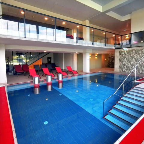 Indoor pool, outdoor pool, sun loungers