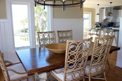 The dining table seats 8 comfortably.