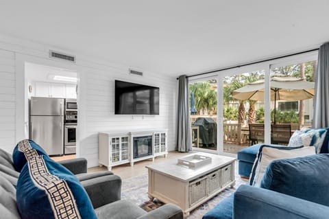 Living Room with Samsung TV, new ship lap walls. Private Deck   