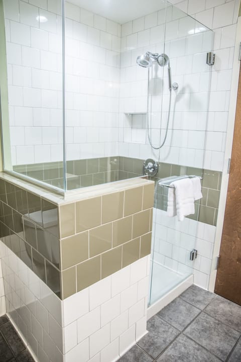 Shower, hydromassage showerhead, designer toiletries, hair dryer