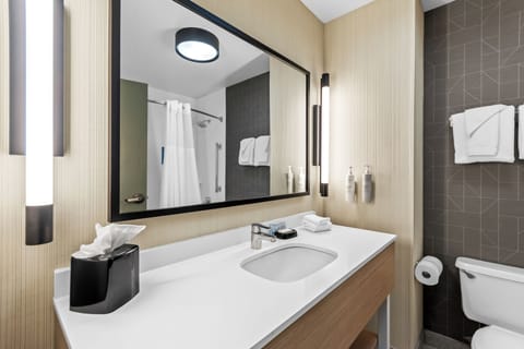 Hair dryer, towels, soap, shampoo