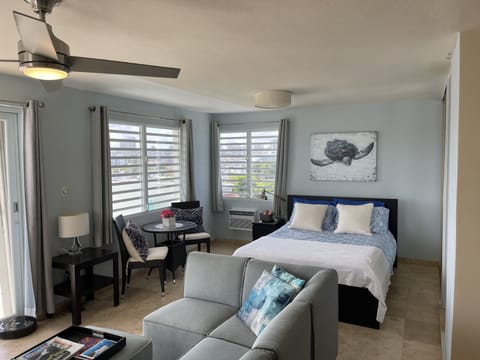 Queen size bed with lots of windows…. And a new air conditioner!