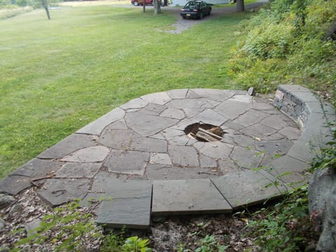 Large, custom built stone fire pit, use all year round.  
